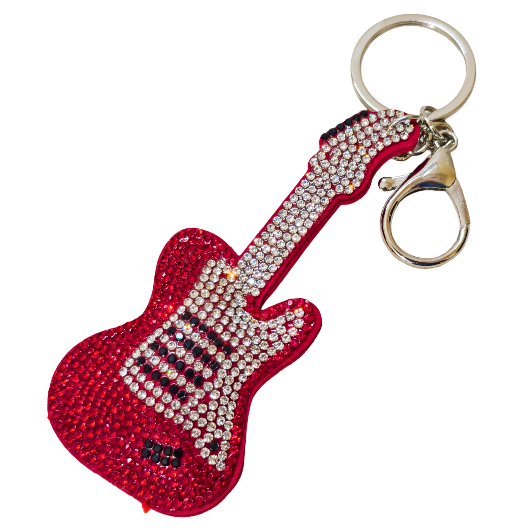 Red guitar-shaped keychain with rhinestones on a white background