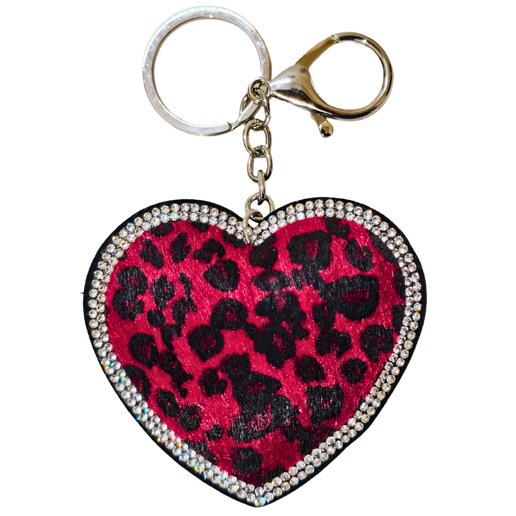 Heart-shaped keychain with leopard print design on a white background