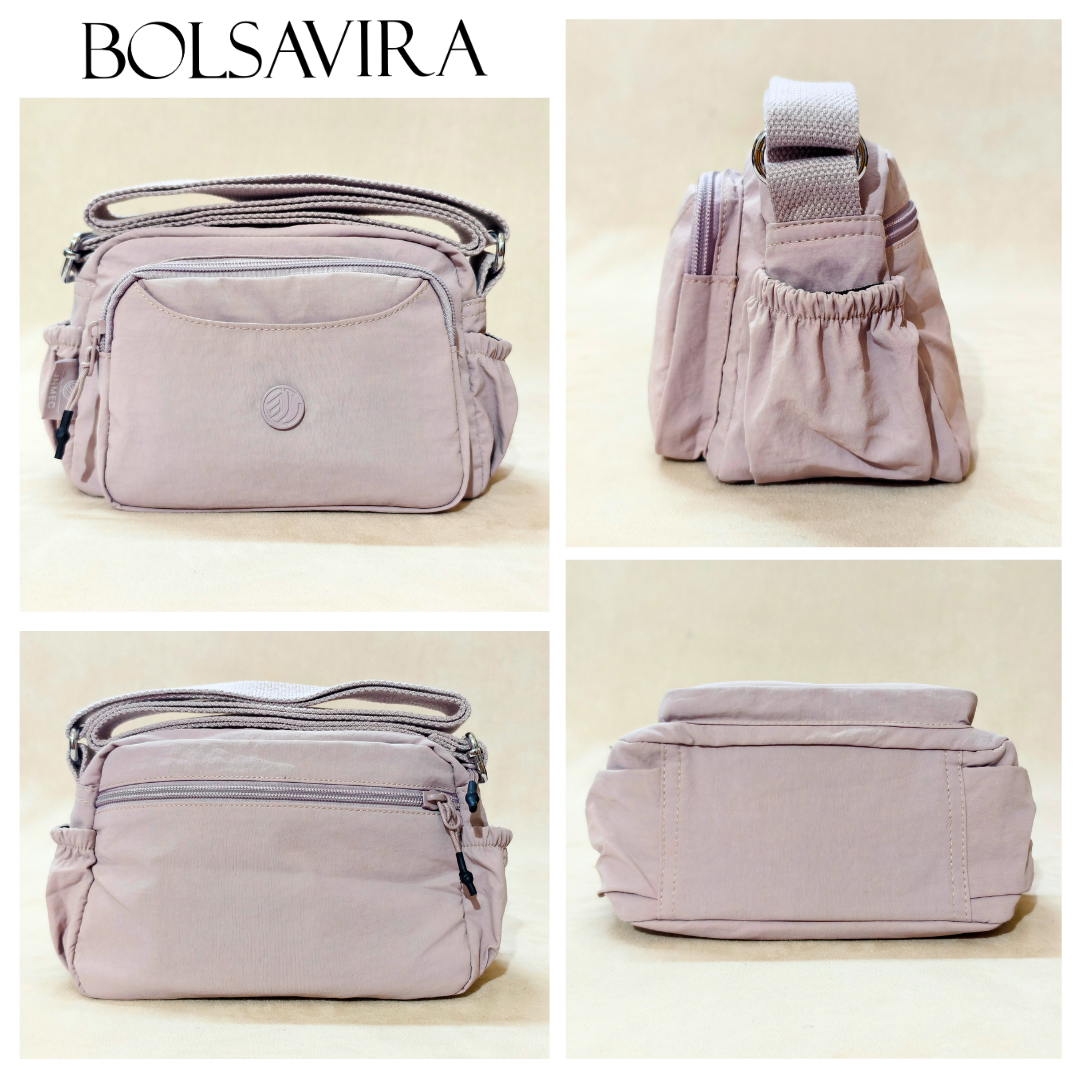 Lavender Lilac Sling Bag From Different Angles In Front Of Beige Background.