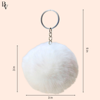 White fluffy keychain with dimensions on a beige background