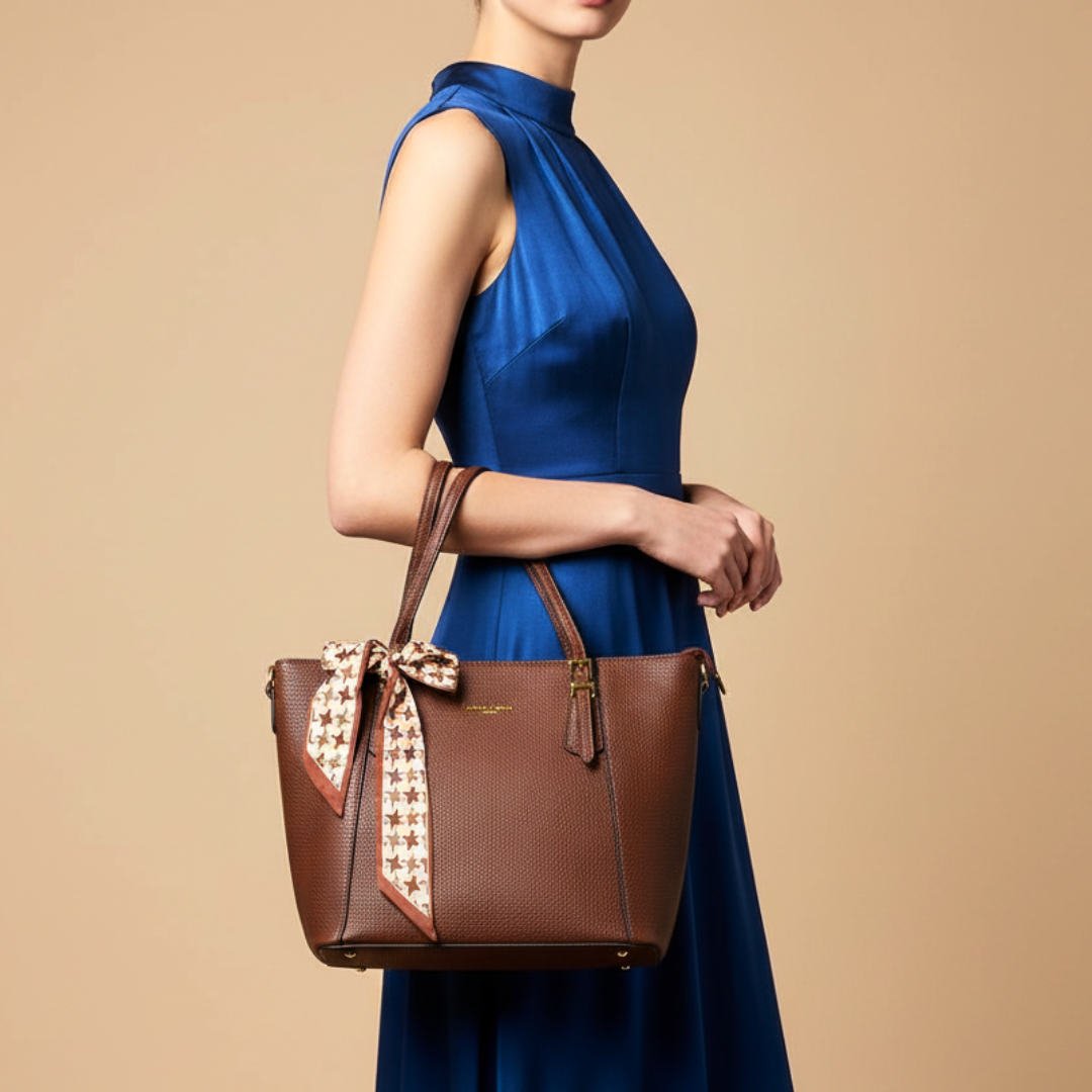 Woman holding a brown handbag with decorative bow against a beige background