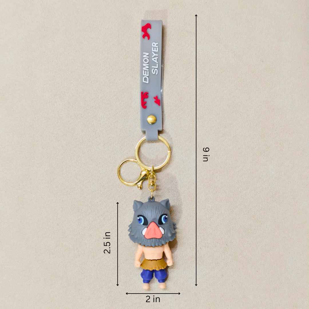 Keychain with character figure and measurement details on a beige background