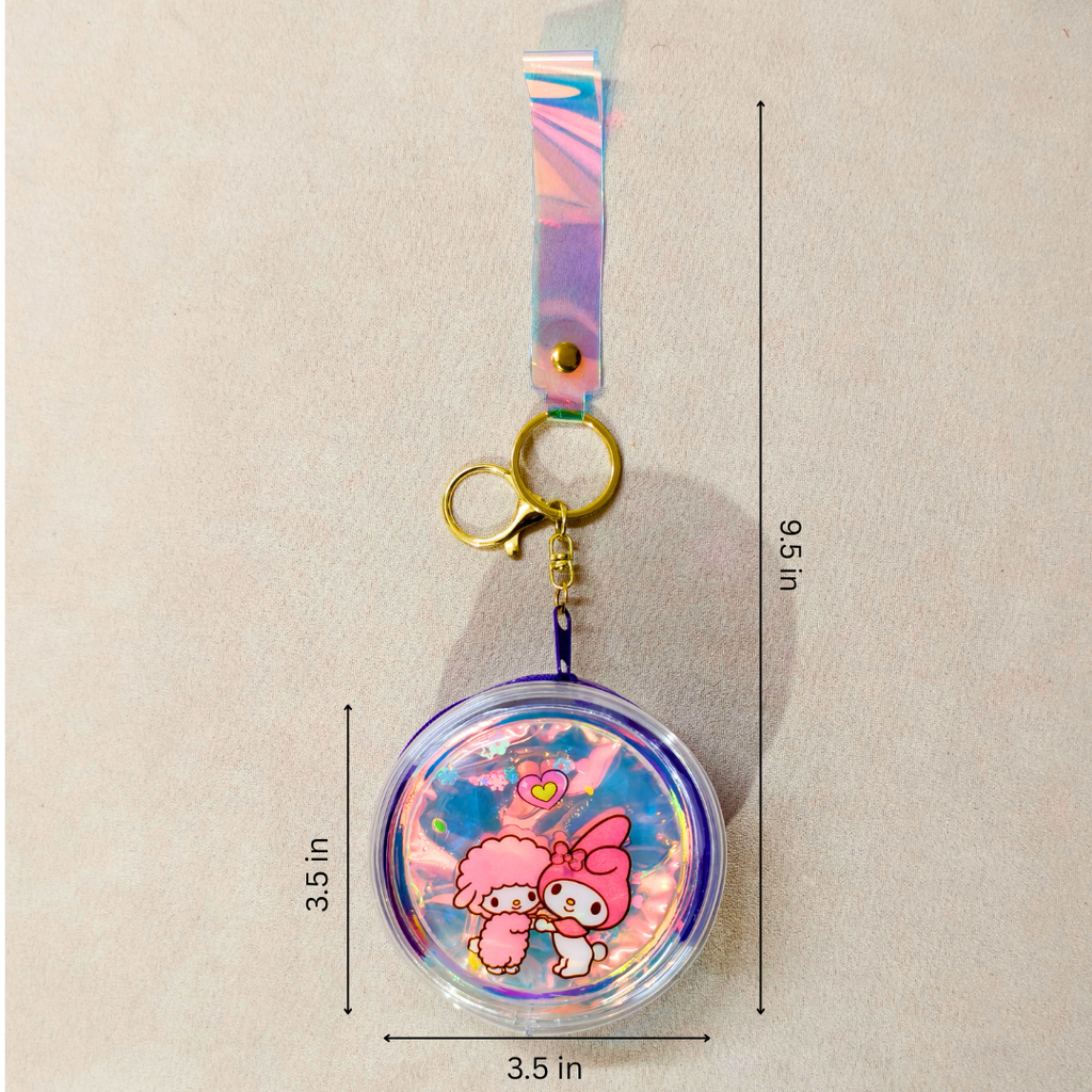 Keychain with cartoon characters and measurements on a beige background