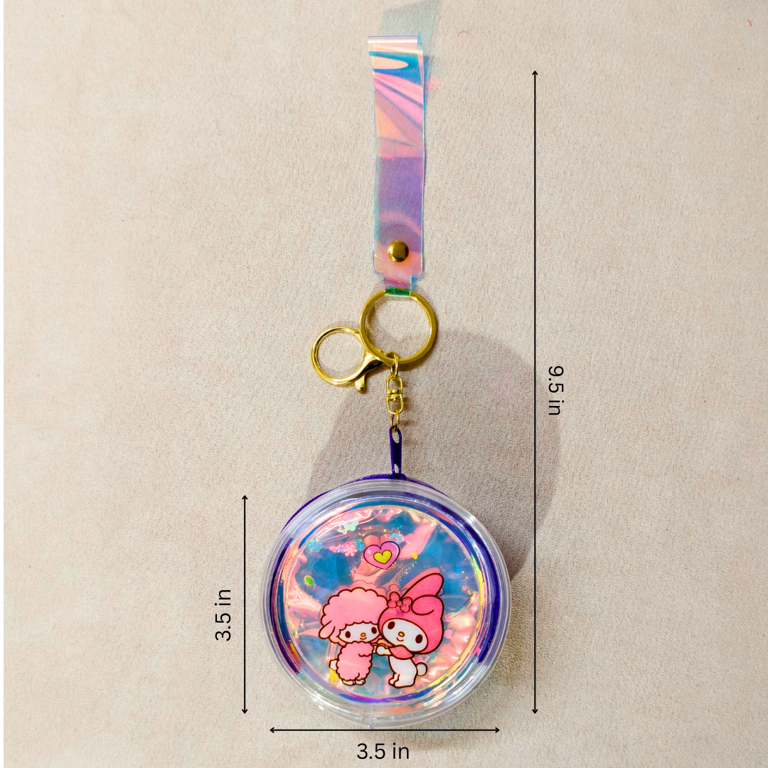 Keychain with cartoon characters and measurements on a beige background