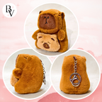 Three views of a plush bear toy with a keychain on a pink background