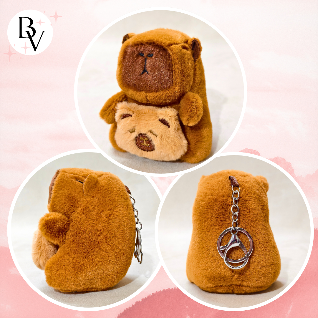 Three views of a plush bear toy with a keychain on a pink background