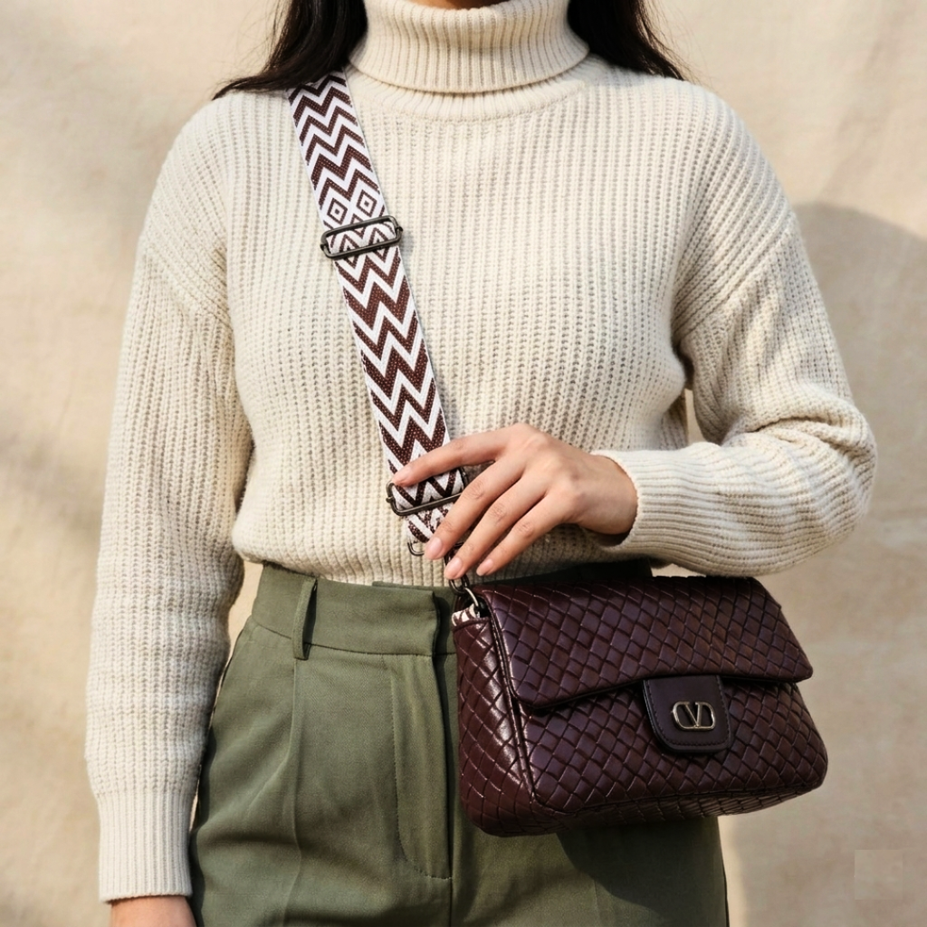 Person wearing a beige sweater and green pants holding a brown leather handbag with a patterned strap.