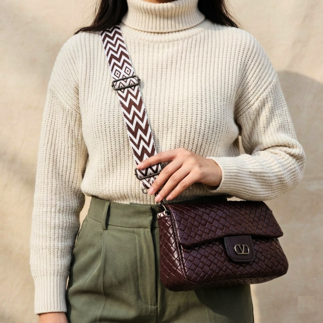 Person wearing a beige sweater and green pants holding a brown leather handbag with a patterned strap.
