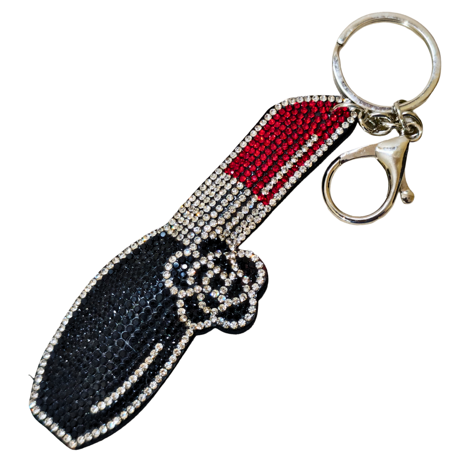 Keychain shaped like a lipstick with rhinestones on a white background