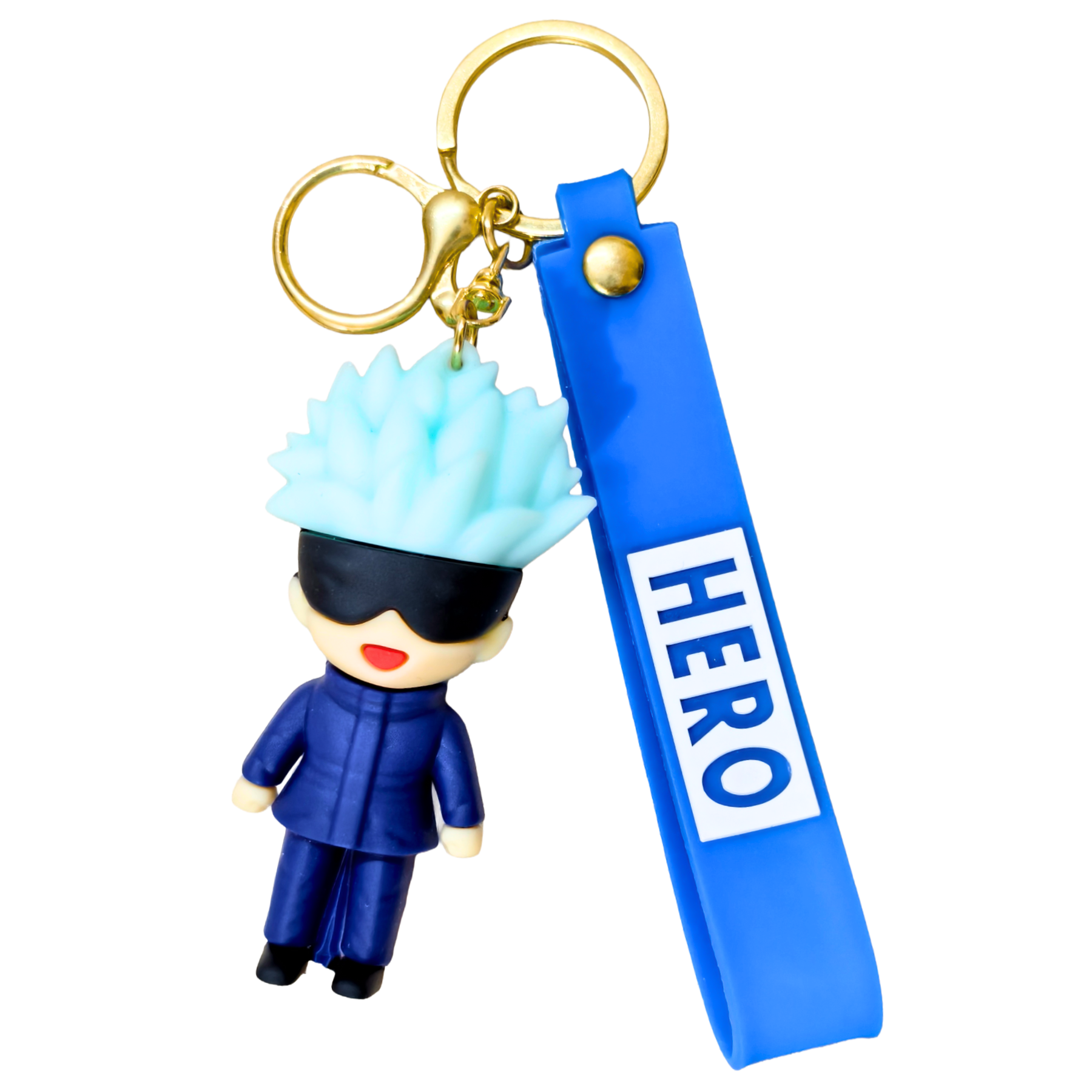 Keychain with a character figure and blue strap labeled 'HERO' on a white background