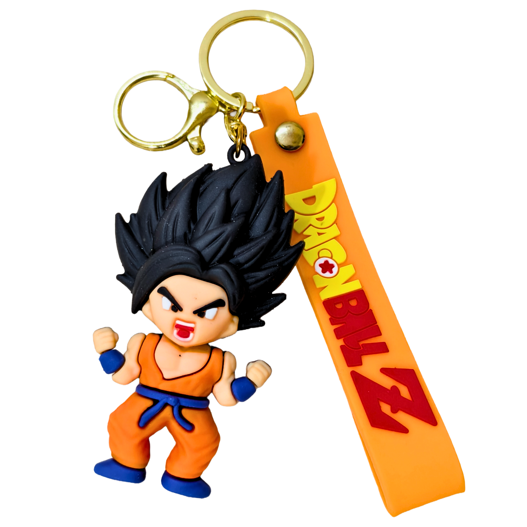 Keychain with character figure and Dragon Ball Z strap on a white background