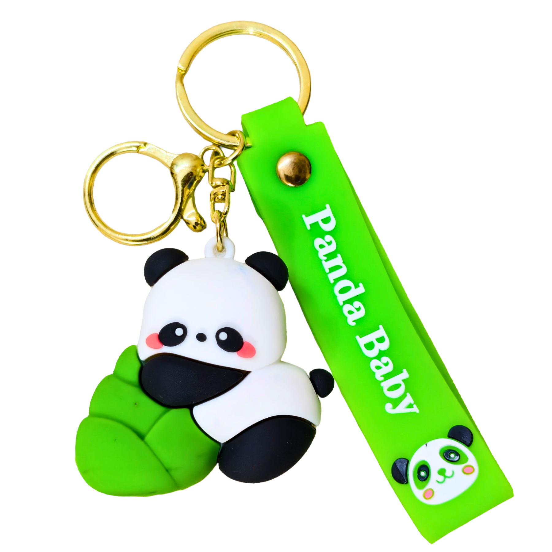 Keychain with panda design and green tag labeled 'Panda Baby' on a white background