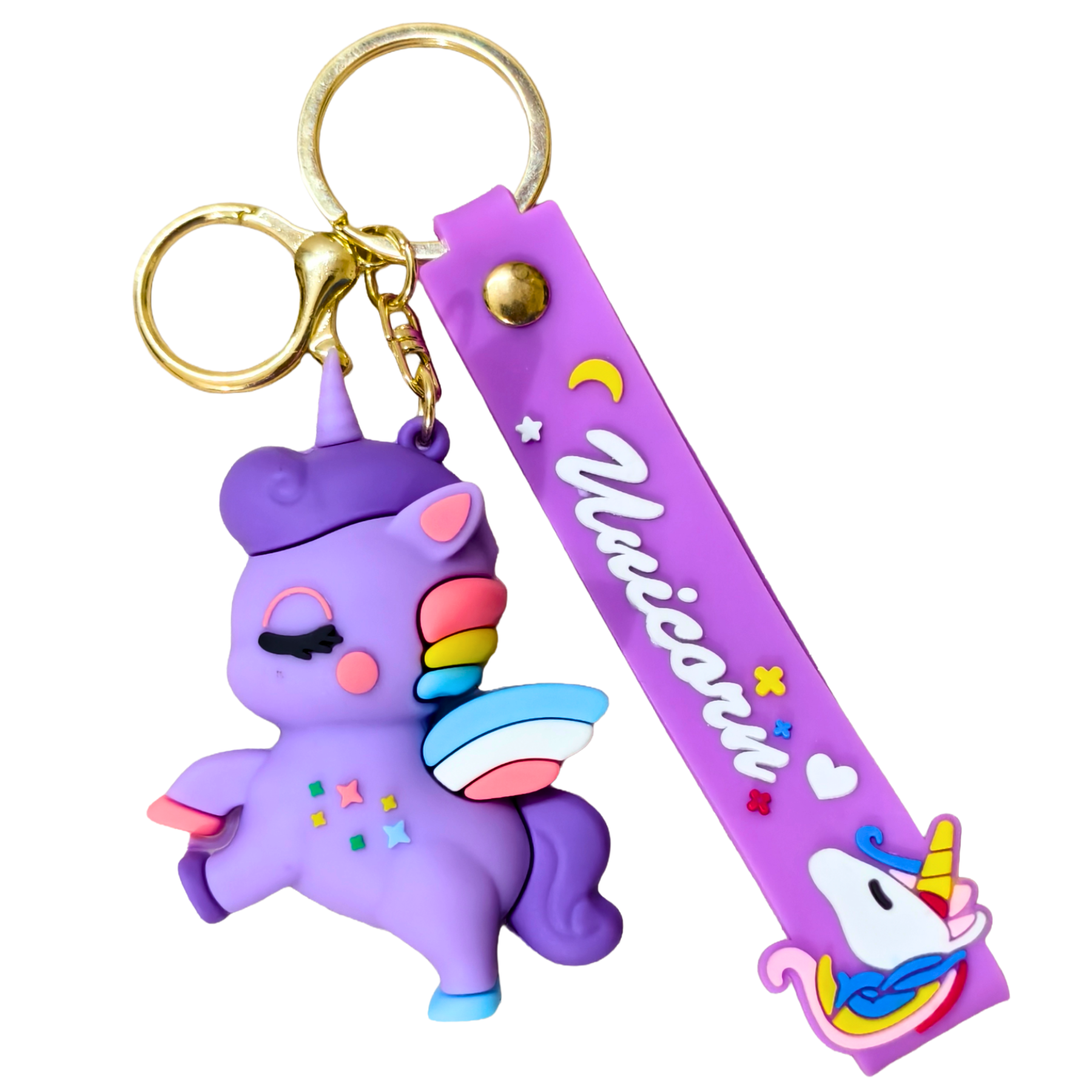 Purple unicorn keychain with a matching strap on a white background