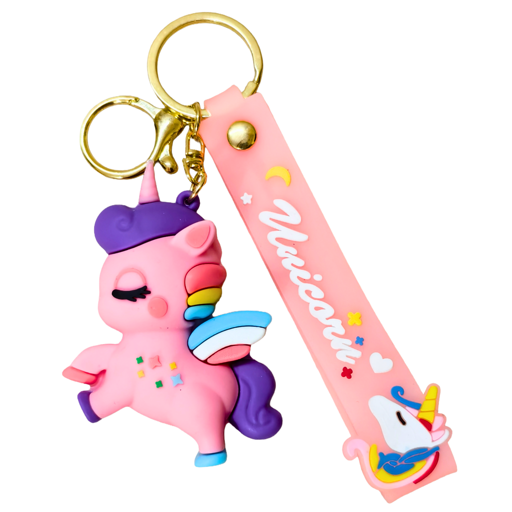 Pink unicorn keychain with gold ring and pink strap on a white background