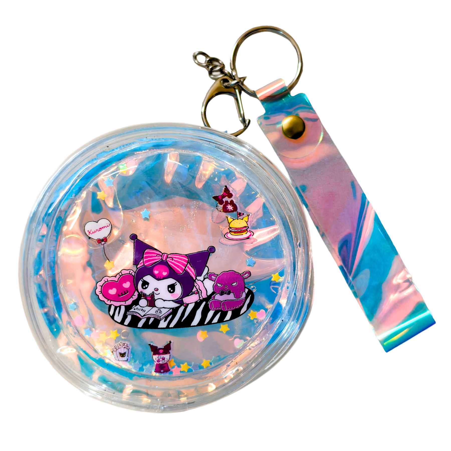 Clear circular keychain with cartoon character design and attached lanyard on a white background