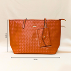 Brown woven handbag with dimensions on a beige background