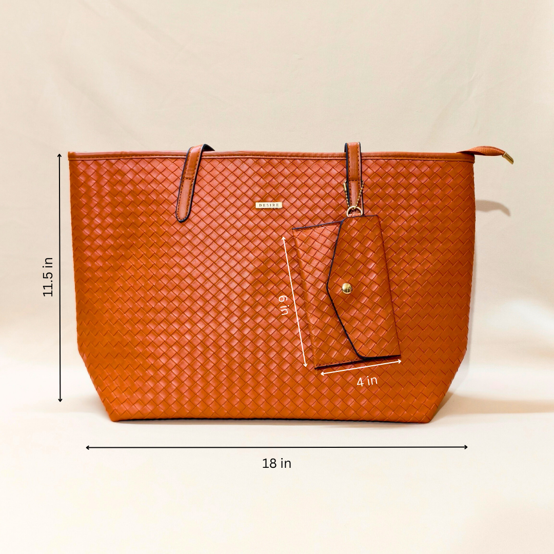 Brown woven handbag with dimensions on a beige background