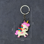 Unicorn keychain with measurements on a dark gray background