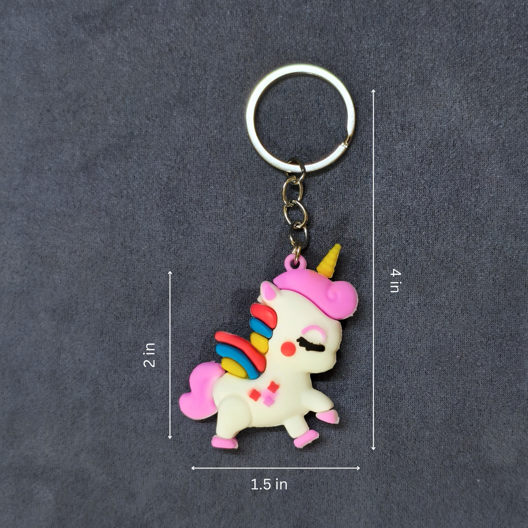 Unicorn keychain with measurements on a dark gray background