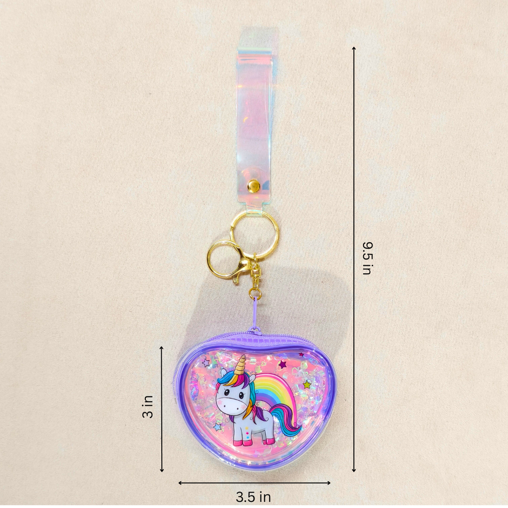 Keychain with unicorn design and measurements on a beige background
