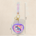 Keychain with unicorn design and measurements on a beige background