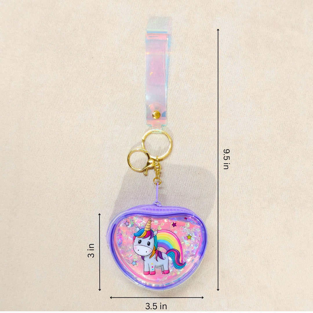 Keychain with unicorn design and measurements on a beige background