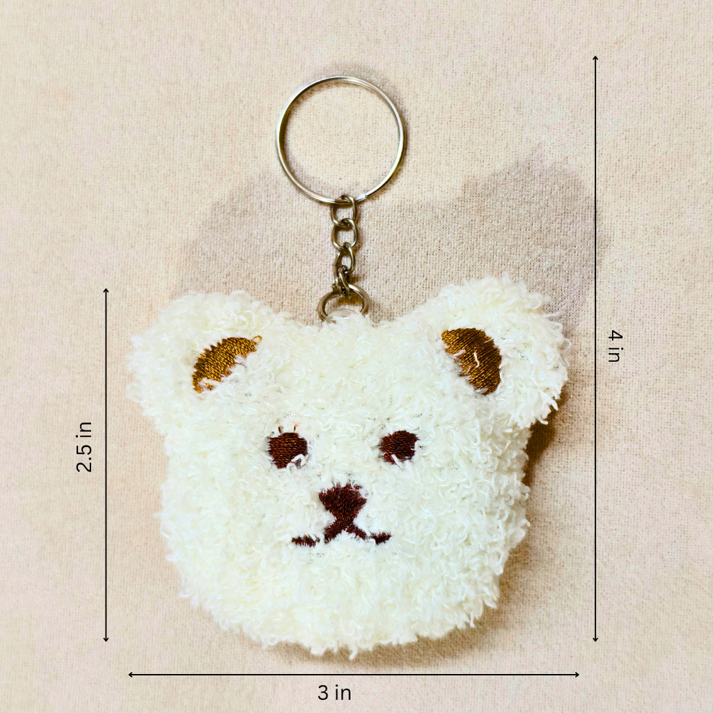 A white fluffy teddy bear face charm with brown ears, nose, and eyes, hanging from a silver-tone ring showing measurement on a beige background.