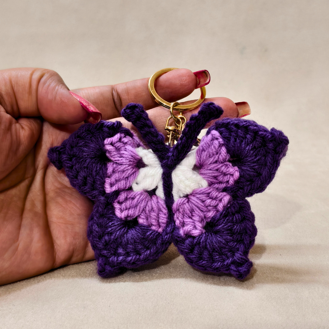 Purple Butterfly Handmade Crochet Keychain Charms, Sunflower Butterfly Heart Rose Designs, Acrylic Cotton Wool Blend, Gold-Tone Lobster Clasp, Bag Charm Accessory For Handbags