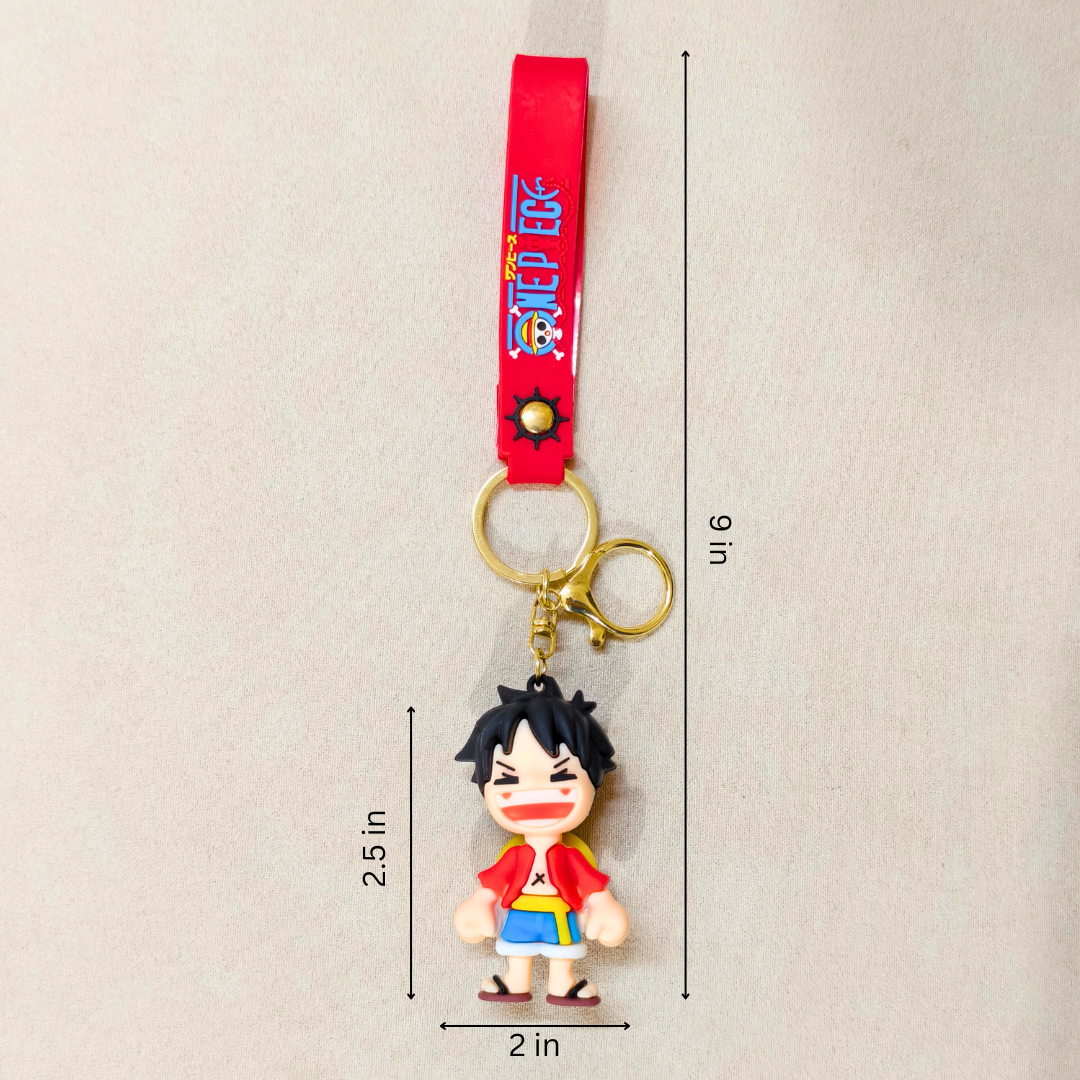 Keychain with character design and measurement details on a beige background