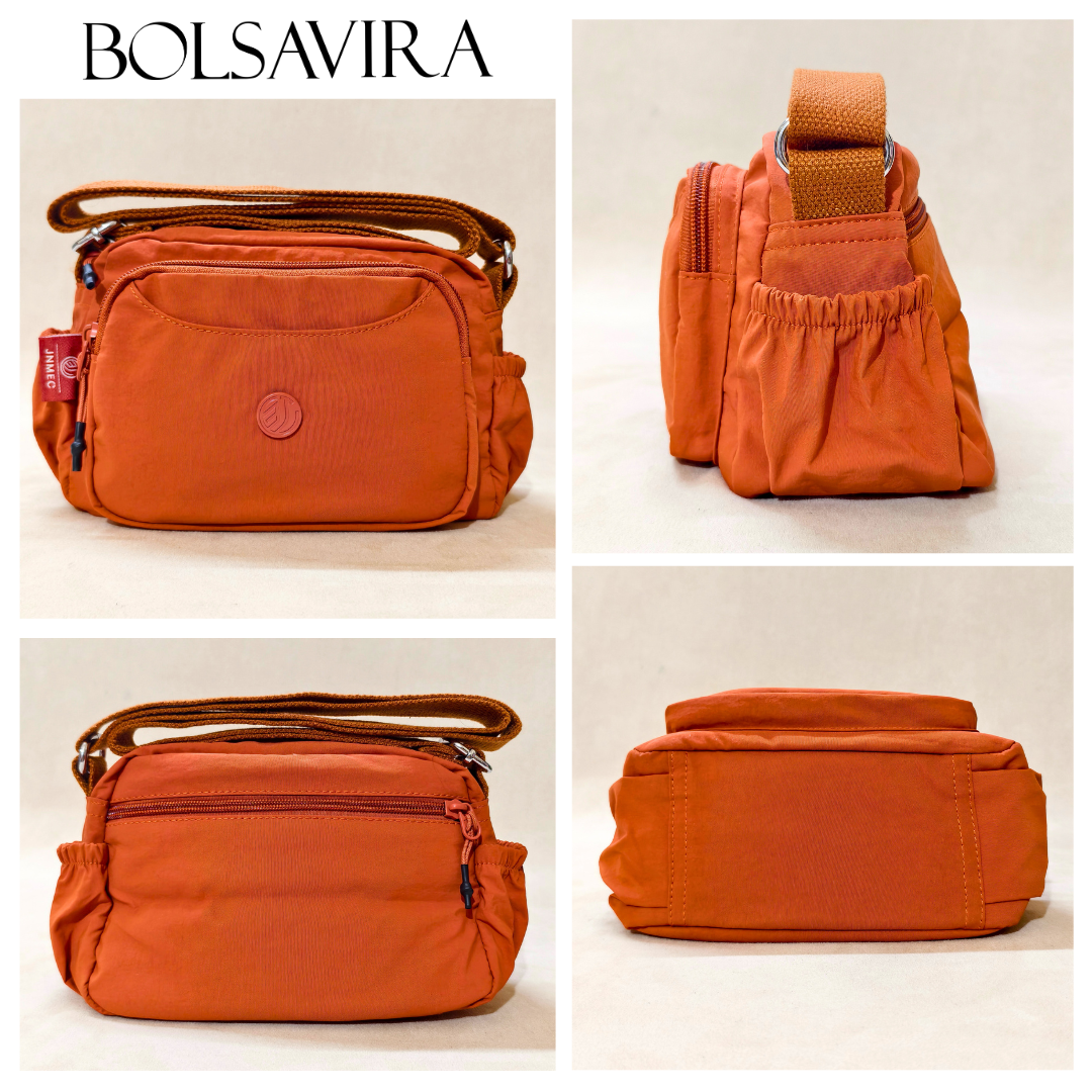 Rust Brown Sling Bag With Different Angles In Front Of Beige Background.