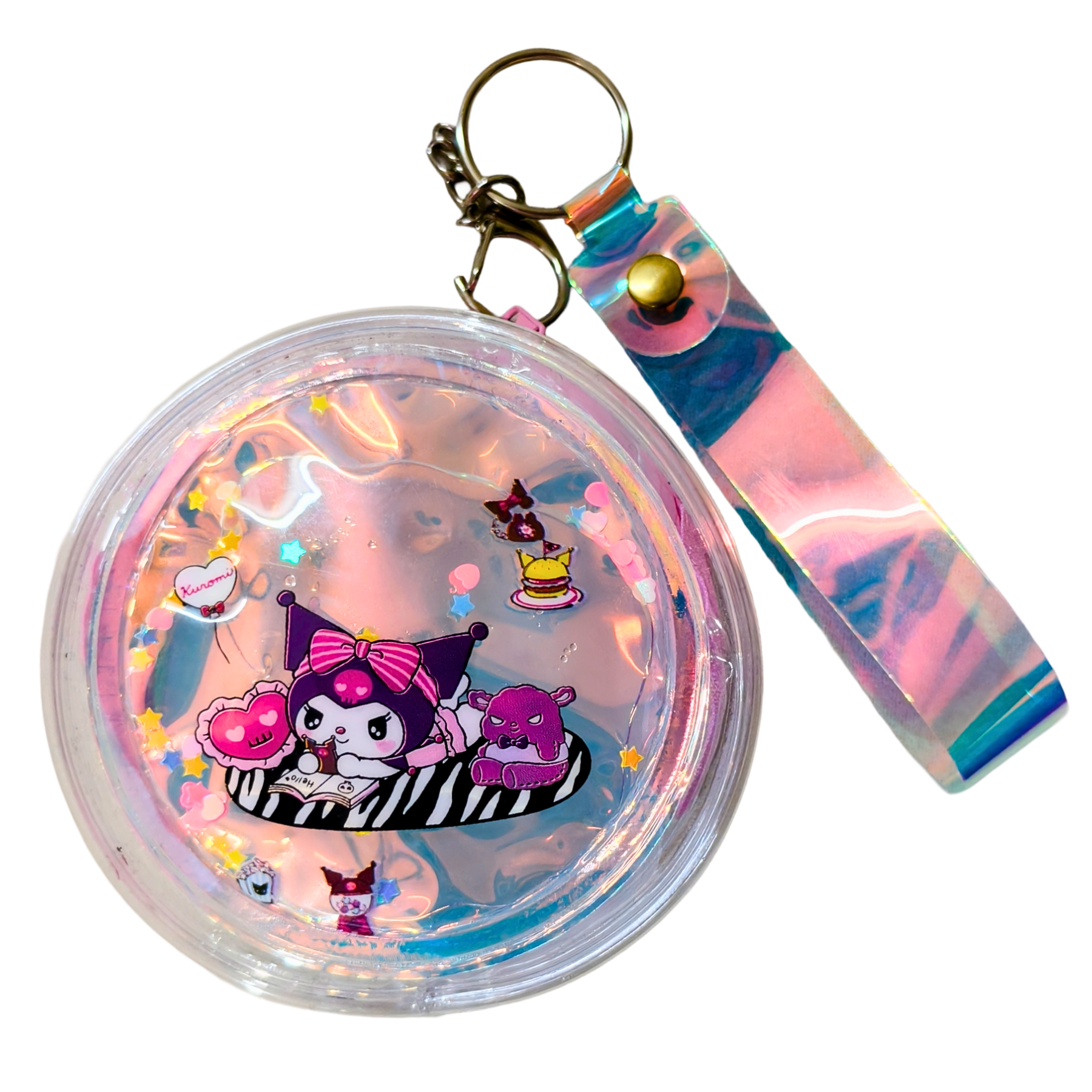 Keychain with cartoon design and colorful strap on a white background