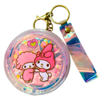 Keychain with cartoon characters inside a transparent case on a white background
