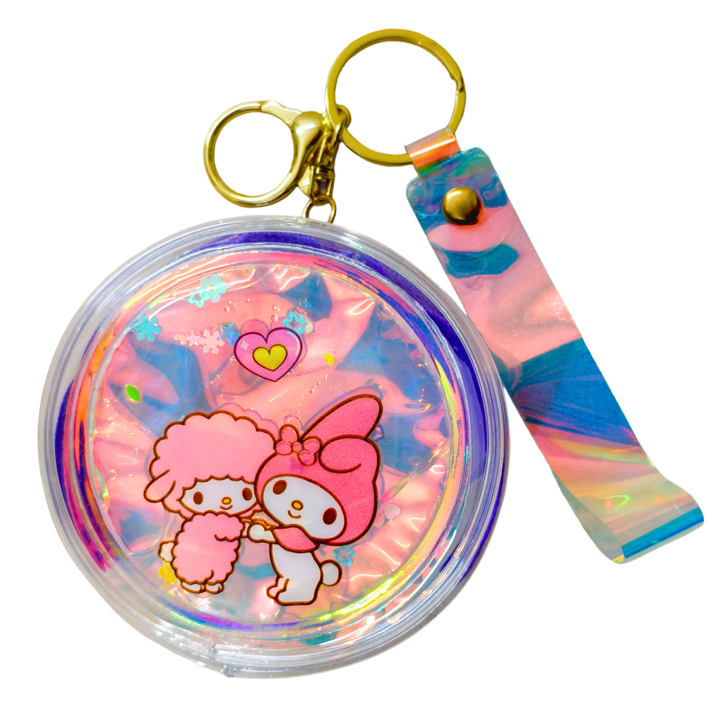 Purple Duo Round Unicorn Glitter Liquid Filled Coin Pouch Keychain with Wrist Strap, Transparent PVC Mini Wallet, Gold Keyring, Multiple Shapes, Kids Girls Women Accessory