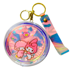 Purple Duo Round Unicorn Glitter Liquid Filled Coin Pouch Keychain with Wrist Strap, Transparent PVC Mini Wallet, Gold Keyring, Multiple Shapes, Kids Girls Women Accessory