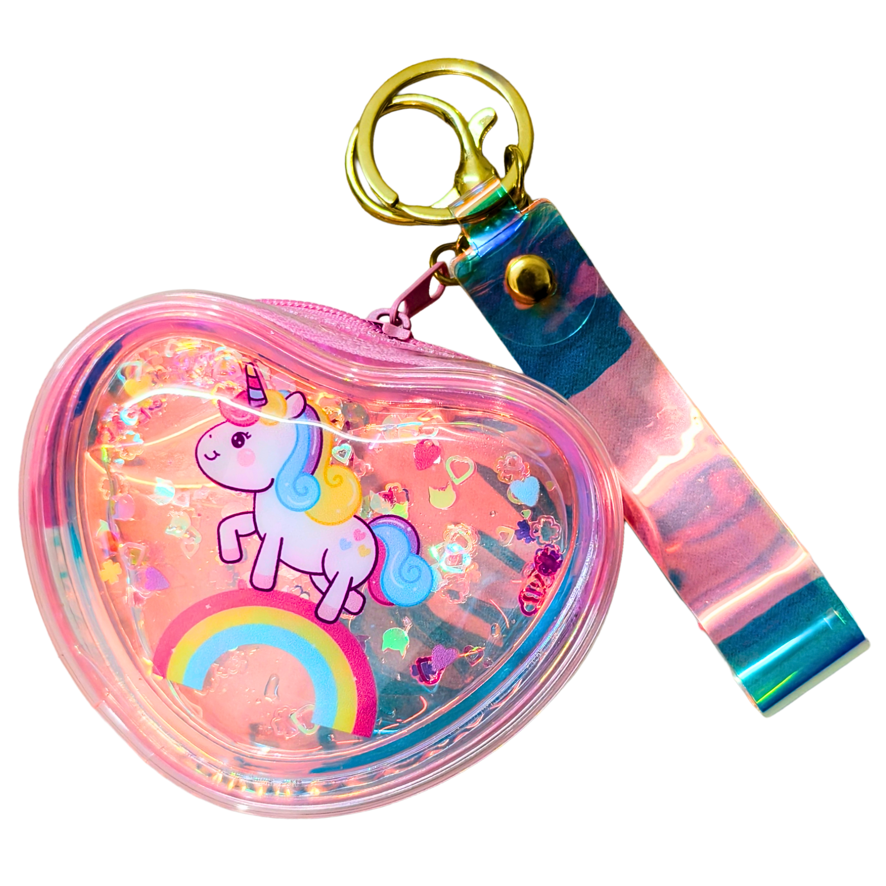 Heart-shaped keychain pouch with unicorn design on a white background