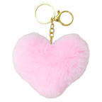 Pink heart-shaped fluffy keychain with a gold clasp on a white background