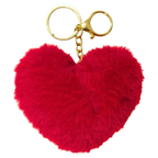 Red heart-shaped fluffy keychain with a gold chain on a white background