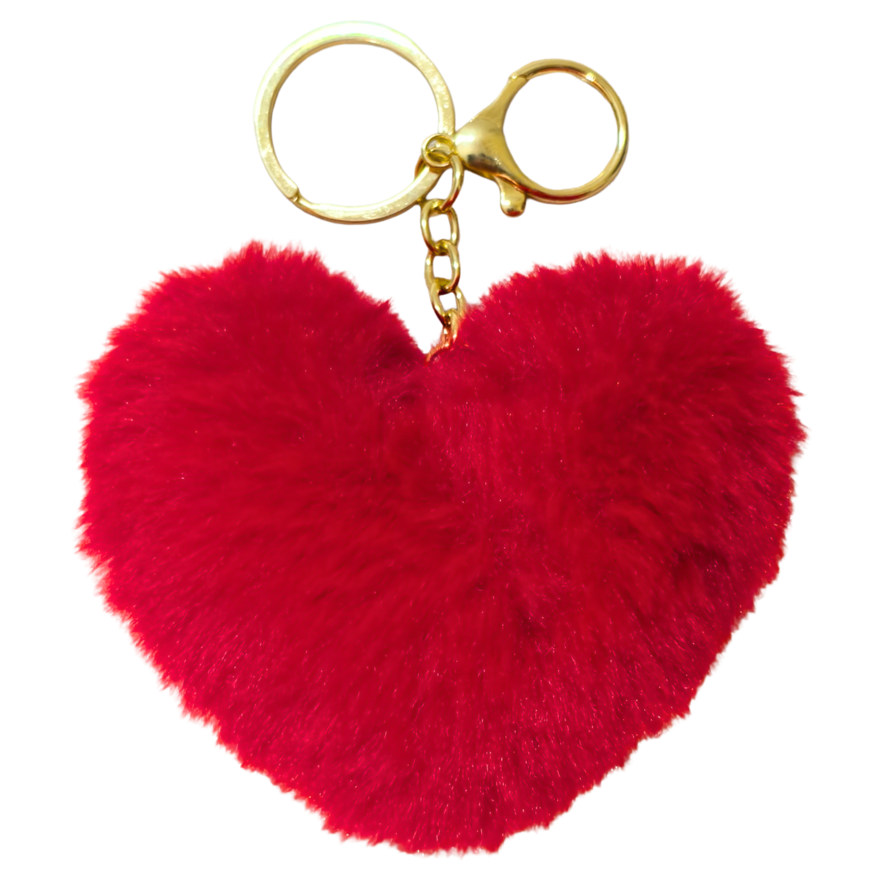 Red heart-shaped fluffy keychain with a gold chain on a white background