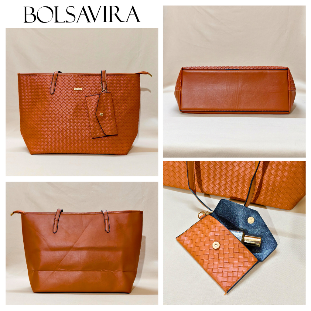 Collage of brown leather bags with visible 'BOLSAVIRA' branding.