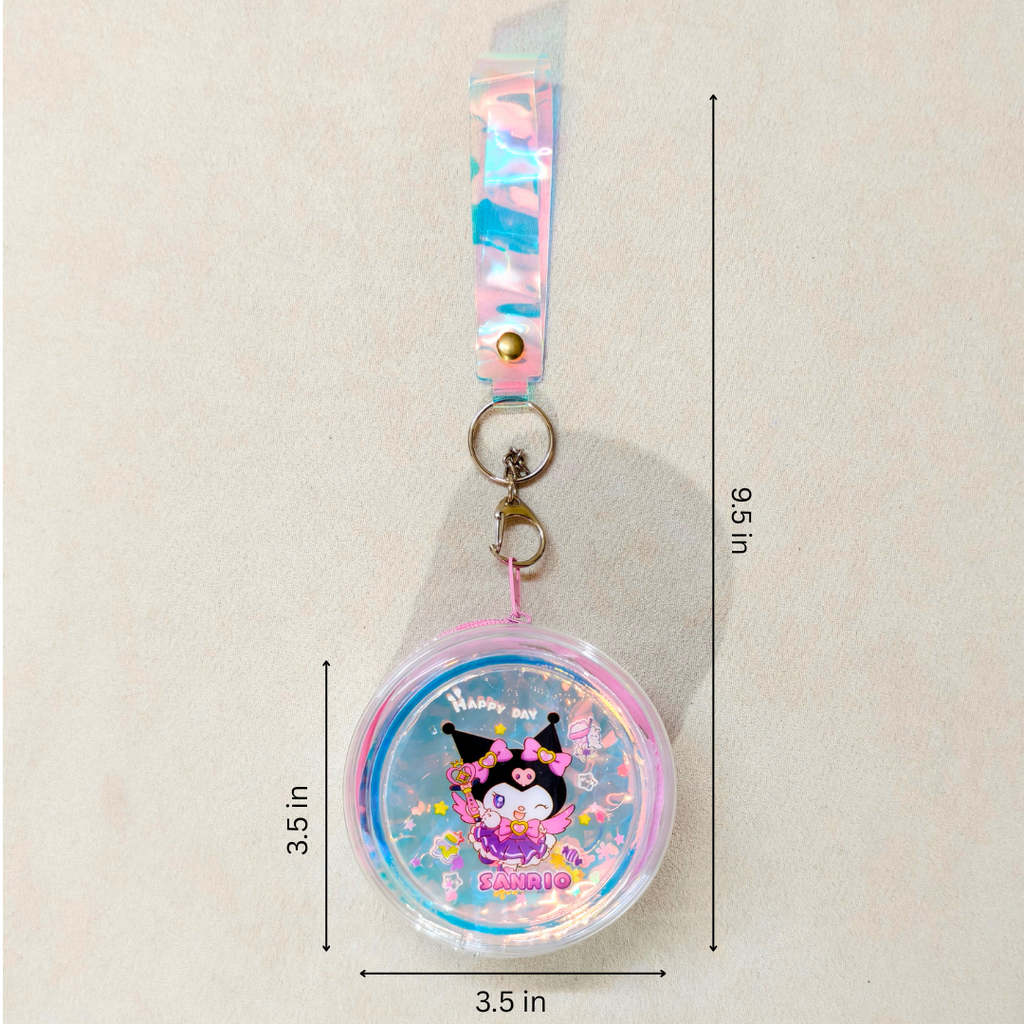 Keychain with cartoon character and measurements on a beige background