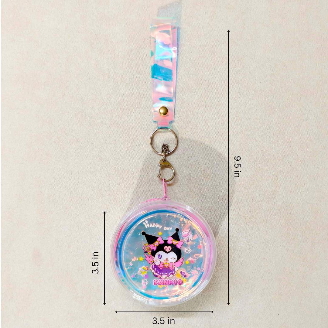 Keychain with cartoon character and measurements on a beige background