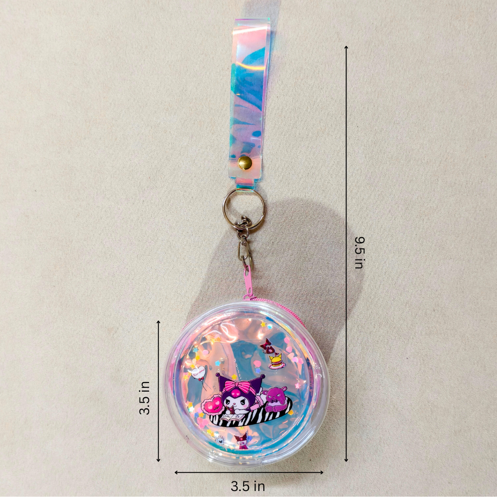 Keychain with cartoon character inside a transparent dome, measurements indicated on a beige background