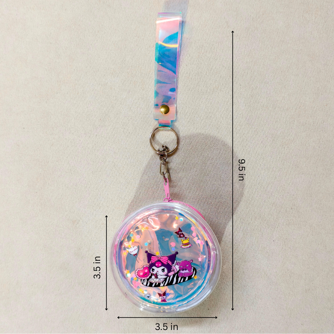 Keychain with cartoon character inside a transparent dome, measurements indicated on a beige background