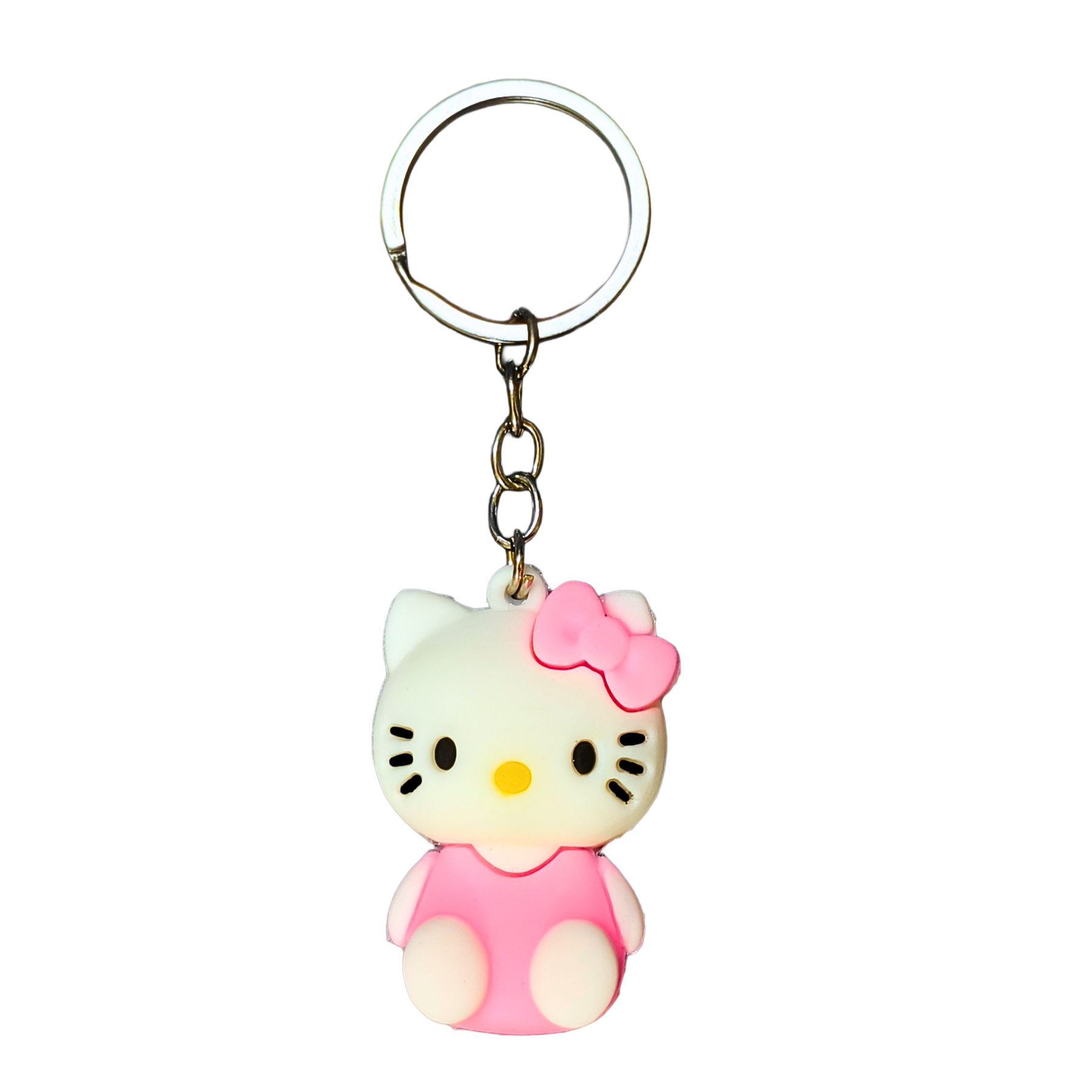 Hello Kitty keychain with a pink dress and bow on a white background