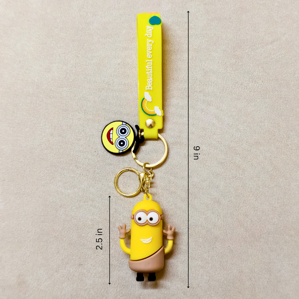 Yellow Character Minion Keychain With Measurements  On Beige Background.