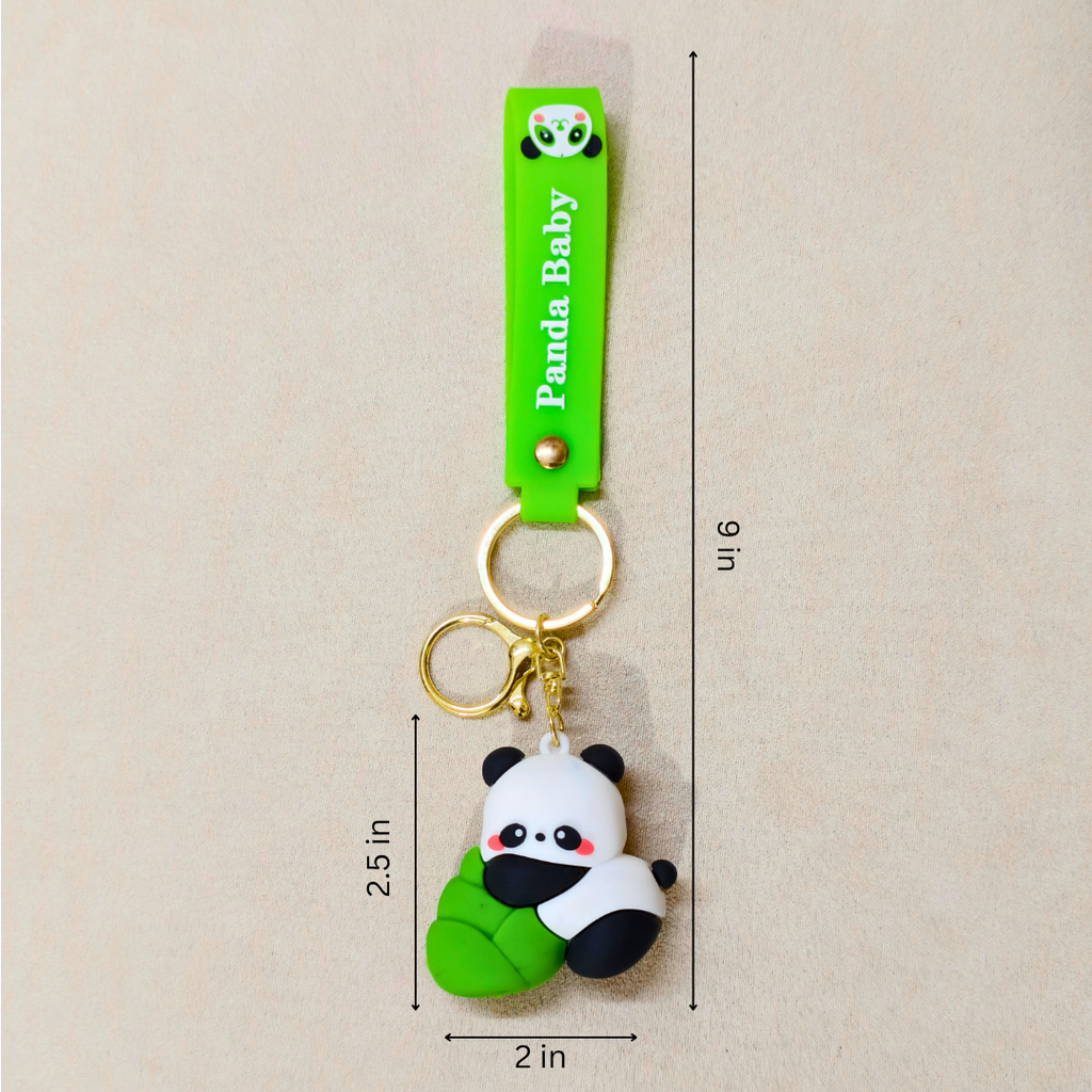 Panda keychain with a green strap labeled 'Panda Baby' on a beige background