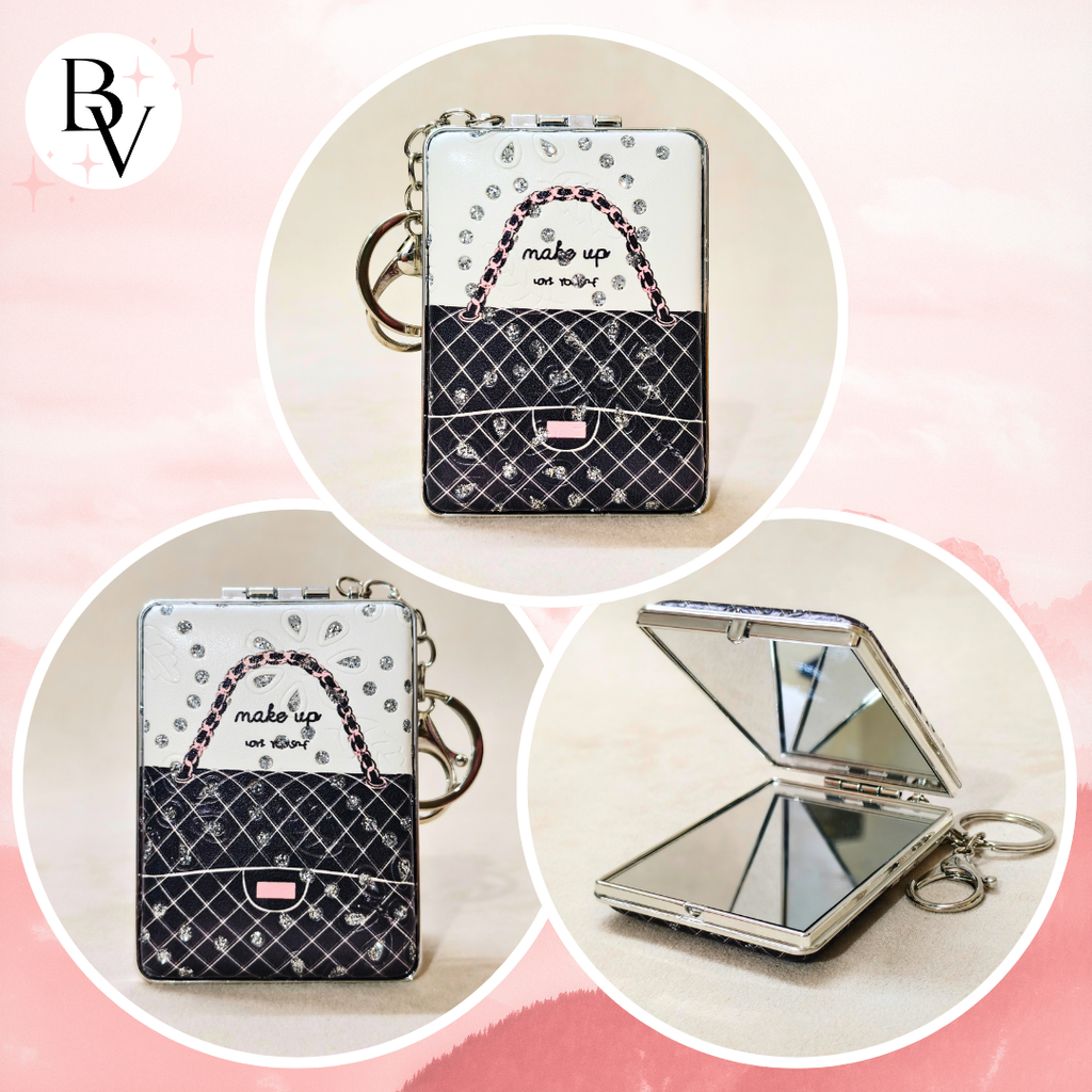 Rectangle Bag Black Pocket Mirror Showing Different Angles.