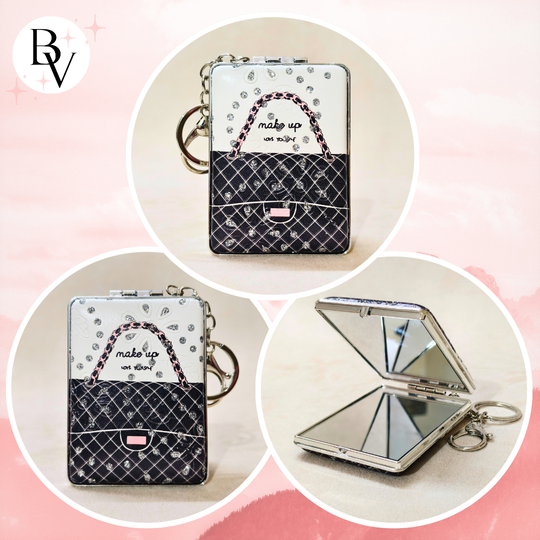 Rectangle Bag Black Pocket Mirror Showing Different Angles.