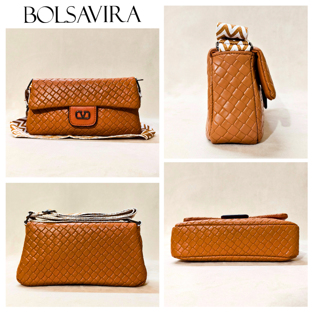 Collage of brown handbags with BOLSAVIRA branding on a beige background