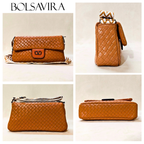 Collage of brown handbags with BOLSAVIRA branding on a beige background